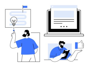 İş stratejisi, işbirliği, dijital pazarlama, yenilik, takım çalışması, iletişim. Fikir sunan bir adam, dizüstü bilgisayar ve not defteri olan bir profesyonel. İş stratejisi ve takım çalışması