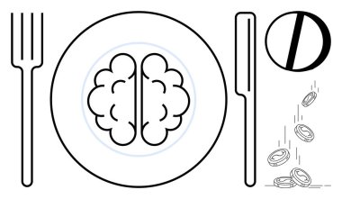 Entellektüel tüketim, eğitim, bilgi ekonomisi, fikir monetizasyonu, eleştirel düşünce, düşünce gıdası. Çatal bıçaklı bir tabakta beyin, bozuk paralar. Entelektüel tüketim ve eğitim