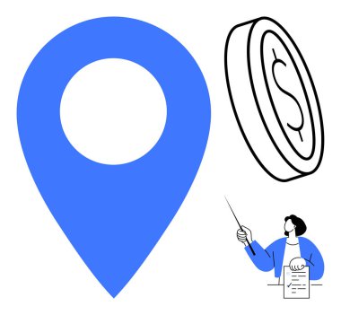 Mavi yer işareti, dolar parası, işaretleyici ve belgesi olan bir iş adamı. Finans, haritalama, sunum, strateji, ekonomi eğitimi için ideal. Basit düz metafor.