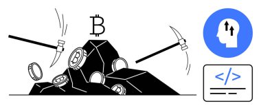 Bitcoin madencilik konsepti. Bozuk paralarla ve kazmalarla şifrelenmiş para madenciliği. Finansal teknoloji için bitcoin madenciliği, engelleme süreçleri, dijital varlıklar, ademi merkeziyet, fintech yeniliği