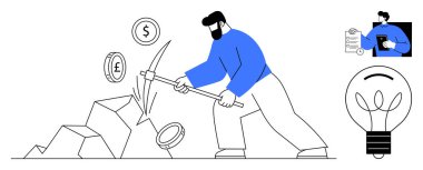 Finansal büyüme, yenilik, kripto para birimi, ekonomik strateji, iş analizi, yaratıcı çözümler. Kazma ve ampul fikirleriyle madeni para çıkaran biri. Finansal büyüme ve yenilik