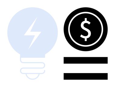 Yıldırımlı ampul ve dolar para eşitlik çizgileriyle ayrılmış yaratıcı fikirleri, yeniliği, enerjiyi ve finansal kazancı sembolize eden para. Kavramsal kavramlar için ideal iş başparmakları