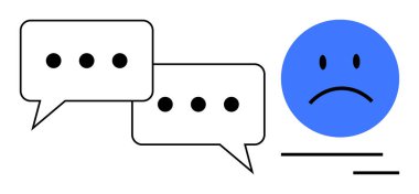 Çevrimiçi zorbalık, dijital olumsuzluk, iletişim engelleri, duygusal sıkıntı, sosyal etkileşimler, psikolojik etki. İki konuşma balonu ve hüzünlü bir mavi yüz hissi. Çevrimiçi zorbalık