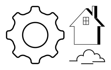 Ev otomasyonu, akıllı ev teknolojisi, yenilik, mühendislik, sürdürülebilirlik, teknolojik bütünleşme. Evin ve bulut elementlerinin yanında kalın dişli tasarımı. Ev otomasyonu ve teknoloji