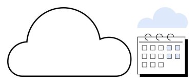 Takvimin yanındaki büyük bulut çizgisi. Üzerinde zaman düzenini gösteren detaylar var. Bulut hesaplama, zamanlaması, dijital depolama, üretkenlik, iş yönetimi, zaman
