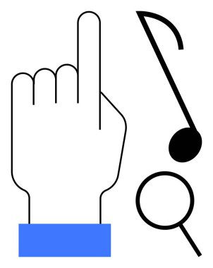 Parmak işareti, müzik notası ve müzik keşfi, rehberlik ve keşfi temsil eden büyüteçle. Arama araçları, yaratıcılık, öğrenme, navigasyon müzik eğitimi için ideal