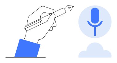 Yazma, ses kaydı, iletişim araçları, yaratıcılık, içerik oluşturma, medya üretimi. Kalem ve mikrofon simgesini minimalist tarzda tutan bir el. Yazma ve ses kaydı kavramı