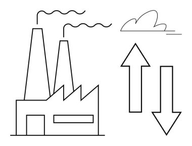 Endüstriyel büyüme, çevresel değişim, kirlilik etkileri, ekonomik üretim, sürdürülebilirlik, küresel ısınma. Duman ve yön okları olan stilize bir fabrika. Endüstriyel büyüme
