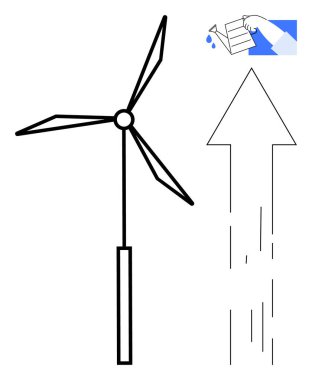 Yenilenebilir enerji, çevresel sürdürülebilirlik, yeşil enerji yeniliği, ilerleme, su koruma, eko-teknoloji. Yukarı bakan bir ok ve su tasarrufu ikonu olan rüzgar türbini. Yenilenebilir enerji
