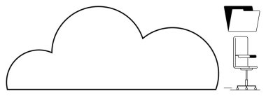 Bulut hesaplama, veri depolama, uzaktan çalışma, dijital organizasyon, ofis kurulumu, iş aletleri. Bulut, ofis koltuğu ve dosya klasörü sembolünün basit taslağı. Bulut hesaplama ve veri depolama