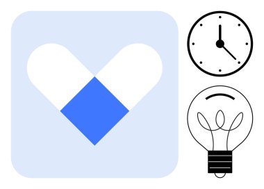 Sağlık, zaman yönetimi, yenilik, tıbbi fikirler, üretkenlik, yaratıcılık. Kalp şeklinde bir kapsül ikonu, saat ve ampul. Sağlık ve zaman yönetimi kavramı