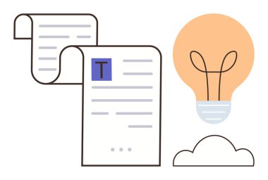 Parlayan bir ampul ve bulut çizgisi yanında belge parşömeni. Yaratıcılık, yenilik, dijital çözümler, beyin fırtınası, içerik oluşturma, takım çalışması, üretkenlik için ideal. Basit düz metafor