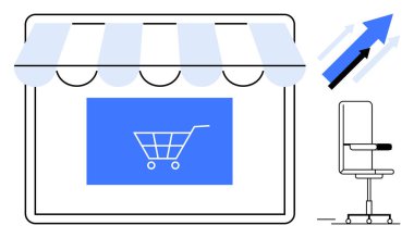 E-ticaret, çevrimiçi alışveriş, iş büyümesi, perakende pazarlama, dijital mağazalar, satış artışı. Market vitrininde alışveriş arabası ikonu, ok büyütme ve sandalye var. E-ticaret ve iş büyüme kavramı