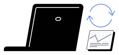 Analiz çizelgesi ve teknolojiyi, veri akışını, yazılım güncellemelerini, verimliliği, yeniliği, ilerleme takibini ve analizi simgeleyen dairesel güncelleme oklarının yanında dizüstü bilgisayar. Geliştirme için ideal