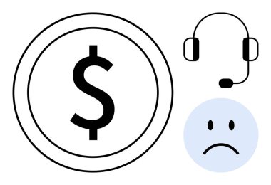 Finansal kayıp kavramı. Bir dolar işareti, kulaklık, ve üzgün yüz parasal tatminsizlik ve müşteri hizmetleri sorunları. İş, finans, müşteri hizmetleri ve internet bankacılığı için mükemmel.