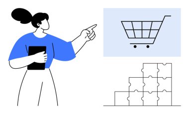 E-ticaret konsepti. Alışveriş arabası ikonu ve yapboz parçaları olan bir e-ticaret. E-ticaret online alışveriş, problem çözme ve stratejiyi vurguluyor. İş ve pazarlama için harika.