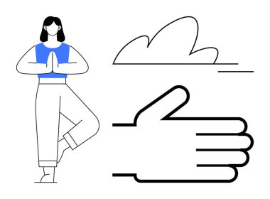 Sağlık ve sağlık, farkındalık, rahatlama, basitlik, denge, sükunet. Yoga ağacında dengede duran kadın barış işareti ve bulutun yanında duruyor. Sağlık ve Sıhhat kavramı