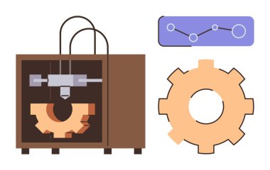 3D yazıcı, teknoloji, yenilik ve veri analizini sembolize eden bir grafiğin yanında dişli bir element üretiyor. Mühendislik, teknoloji, endüstri, yaratıcılık, otomasyon ve imalat için ideal