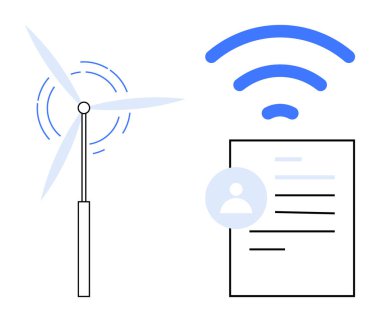 Yenilenebilir enerji, yeşil teknoloji, dijital bağlantı, uzak çalışma, sürdürülebilirlik, bilgi paylaşımı. Bir rüzgar türbini, yanında kablosuz bir sembol ve bir belge. Yenilenebilir enerji ve dijital