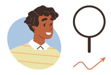 Büyüteç ve yukarı ok yanında çizgili süveter giyen gülümseyen kişi. Araştırma, analitik, büyüme, başarı, kariyer geliştirme, yenilik ve motivasyon için ideal. Basit düz metafor