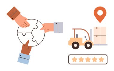 Eller yapboz çemberi oluşturur, forklift taşınan kutular, harita iğnesi ve beş yıldızlı derecelendirme. Takım çalışması, lojistik, müşteri memnuniyeti, tedarik zinciri, ortaklık işbirliği yeniliği için ideal