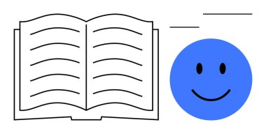 Öğrenme ve pozitiflik kavramı. Mutlu yüz eğitimi, bilgi paylaşımı ve pozitif titreşimlerle dolu açık bir kitap. E-öğrenme, iletişim ve motivasyon içeriği için mükemmel. Kullanım