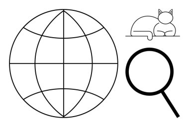 Şebeke desenli küre, büyüteç ve minimalist kedi ana hatları keşif, araştırma ve merakı çağrıştırıyor. Küresel arama, araştırma, eğitim ve internet bağlantısı eğitimi için ideal