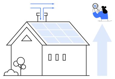 Yenilenebilir enerji kavramı. Yenilenebilir enerji güneş panelleri ve akıllı sistem yönetimi tarafından vurgulandı. Çevre dostu evler için yenilenebilir enerji, sürdürülebilirlik, teknoloji