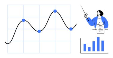 Çizgi grafiği ve bar grafiği ile analizi sunan kişi trendleri ve veri noktalarını vurguluyor. Analiz, araştırma, iş, eğitim, sunum ve strateji raporları için ideal. Basit düz