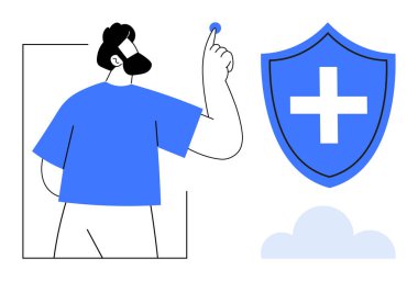 Sağlık hizmetleri, çevrimiçi güvenlik, dijital teknoloji, bulut hizmetleri, sağlık koruma, güvenlik. Bir adam sağlık kalkanı ikonunun yanındaki dijital elementi işaret ediyor. Sağlık ve internet güvenliği