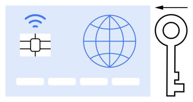 Dijital güvenlik kavramı. Dijital elementler bir anahtarı, çip teknolojisini ve küresel bağlantıyı onaylıyor. Güvenli veri alışverişini işaret ediyor. Maliye, mahremiyet ve güvenli iletişim için dijital güvenlik