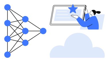 Yapay zeka, sinirsel ağlar, çevrimiçi eğitim, bulut depolama, teknoloji yeniliği, veri işleme. Sinir ağının diyagramı, tablet bulutu olan kadın. Yapay zeka