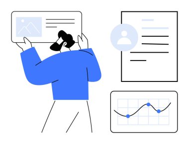 Veri analizi, kullanıcı profili yönetimi, dijital trendler, iş stratejisi, görselleştirme, teknoloji yeniliği. Dijital elementlerle, çizelgelerle ve profillerle etkileşimde olan kişi. Veri analizi ve kullanıcı