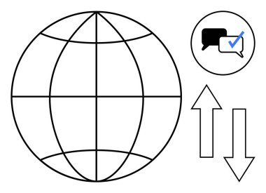 Küre ızgarası, işaretli konuşma balonu, yukarı ve aşağı oklar. İletişim, küreselleşme, veri transferi, onay süreci, etkileşim teknolojisi dijital değişim için idealdir. Basit düz