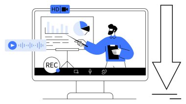 İş iletişimi, sanal toplantılar, dijital işbirliği, uzaktan öğrenme, veri sunumu, içerik oluşturma. Ekranda grafikler ve semboller ile analiz sunan bir adam