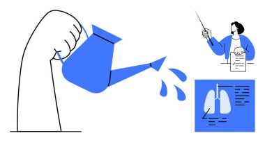 Konserve kutusundan su dökülüyor, kişi işaretleyici ve belgeyle açıklıyor, çizilmiş akciğer diyagramı. Eğitim, büyüme, biyoloji, sağlık, sürdürülebilirlik farkındalık ekip çalışması için idealdir. Basit düz