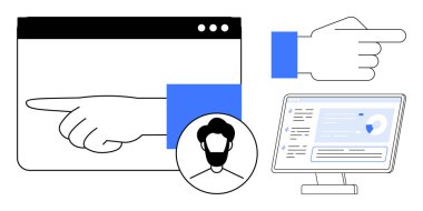 Kullanıcı deneyimi, teknoloji, veri görselleştirme, çevrimiçi hizmetler, profil yönetimi, navigasyon araçları. El hareketleri gösterme, profil avatarı ve analizler ekranda. Kullanıcı deneyimi ve teknolojisi