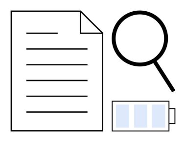 Yazılı belge, inceleme için büyüteç ve enerji kullanımını gösteren pil. Araştırma, öğrenme, araştırma, verimlilik, yenilikçilik, eko-verimlilik için idealdir. Basit düz
