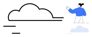 Bulut bilgisayarı, dijital depolama, takım çalışması, iletişim, modern teknoloji, yenilik. Sağı gösteren soyut figürlü temiz bulut simgesi. Bulut hesaplama ve dijital depolama