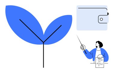 Büyümeyi sembolize eden mavi bir bitki, finansal konuları temsil eden bir cüzdan, ve kavramları bir işaretleyici ile açıklayan bir kişi, finans, sürdürülebilirlik ve eğitim. İdeal