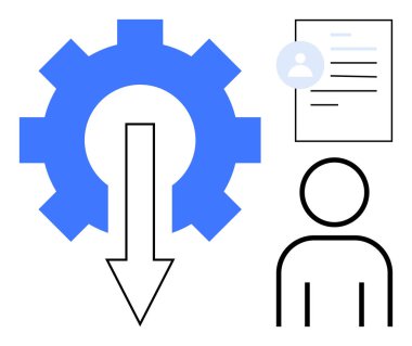 Veri işleme, profil oluşturma, hesap doğrulama, iş akışı otomasyonu, sistem entegrasyonu, kullanıcı yönetimi. Aşağıya bakan oklu teçhizat, belge ve kişi simgesi. Veri işleme
