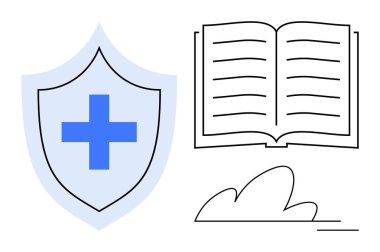 Eğitim, sağlık, bilgi koruması, tıbbi güvenlik, öğrenme kaynakları, güvenlik. Üzerinde haç ve açık bir kitap olan bir kalkan resmi. Eğitim ve sağlık koruma kavramı