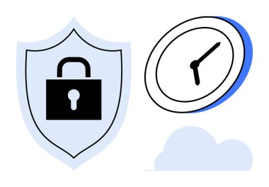 Siber güvenlik, veri koruması, zaman yönetimi, bulut teknolojisi, program güvenliği, gizlilik güvencesi. Kilitli asma kilit ve saat simgesi olan bir kalkan. Siber güvenlik ve veri koruma kavramı