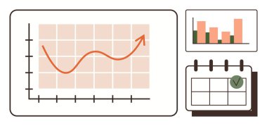 Yukarı doğru eğilimi gösteren çizgi grafiği, verileri karşılaştıran çubuk grafiği, işaretli takvim anahtar tarihini gösteriyor. İlerleme izleme, veri görselleştirme, planlama, strateji, zamanlama ve büyüme izleme için ideal