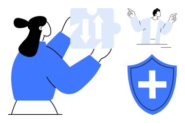 İşbirliği, sağlık, yön, karar verme, takım çalışması, problem çözme. Yapboz parçası ve tıbbi kalkan ikonu elinde tutan kişi. İşbirliği ve sağlık konsepti