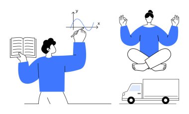 Eğitim, farkındalık, ulaşım, kişisel büyüme, iş hayatı dengesi, iş çözümleri. Grafik çizen, meditasyon yapan ve teslimat kamyonu olan biri. Eğitim ve farkındalık