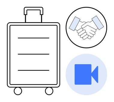 İş seyahati, uzak takım çalışması, dijital iletişim, seyahat planı, ortaklıklar, küresel ağ. Bagajlar, el sıkışma ve video arama simgeleri görüntülendi. İş seyahati ve uzak takım çalışması