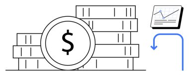 Bir dolar işareti olan bozuk paralar, yukarı doğru eğilimli grafikler ve eğri mavi ok. Finans, yatırım, tasarruf, strateji ve veri analizi için ideal. Basit düz