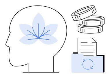 Sağlık, finans, verimlilik, veri yönetimi, farkındalık, organizasyon. İçinde çiçek olan bir kafanın yan profili, içinde belge olan madeni paralar klasörü. Refah ve finans kavramı