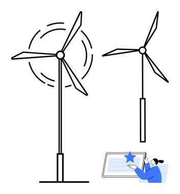 Yenilenebilir enerji, yeşil teknoloji, sürdürülebilir güç, rüzgar enerjisi, dijital araçlar, çevre dostu yenilik. İki rüzgar türbini ve dijital cihazla etkileşen bir kullanıcı. Yenilenebilir enerji ve yeşil